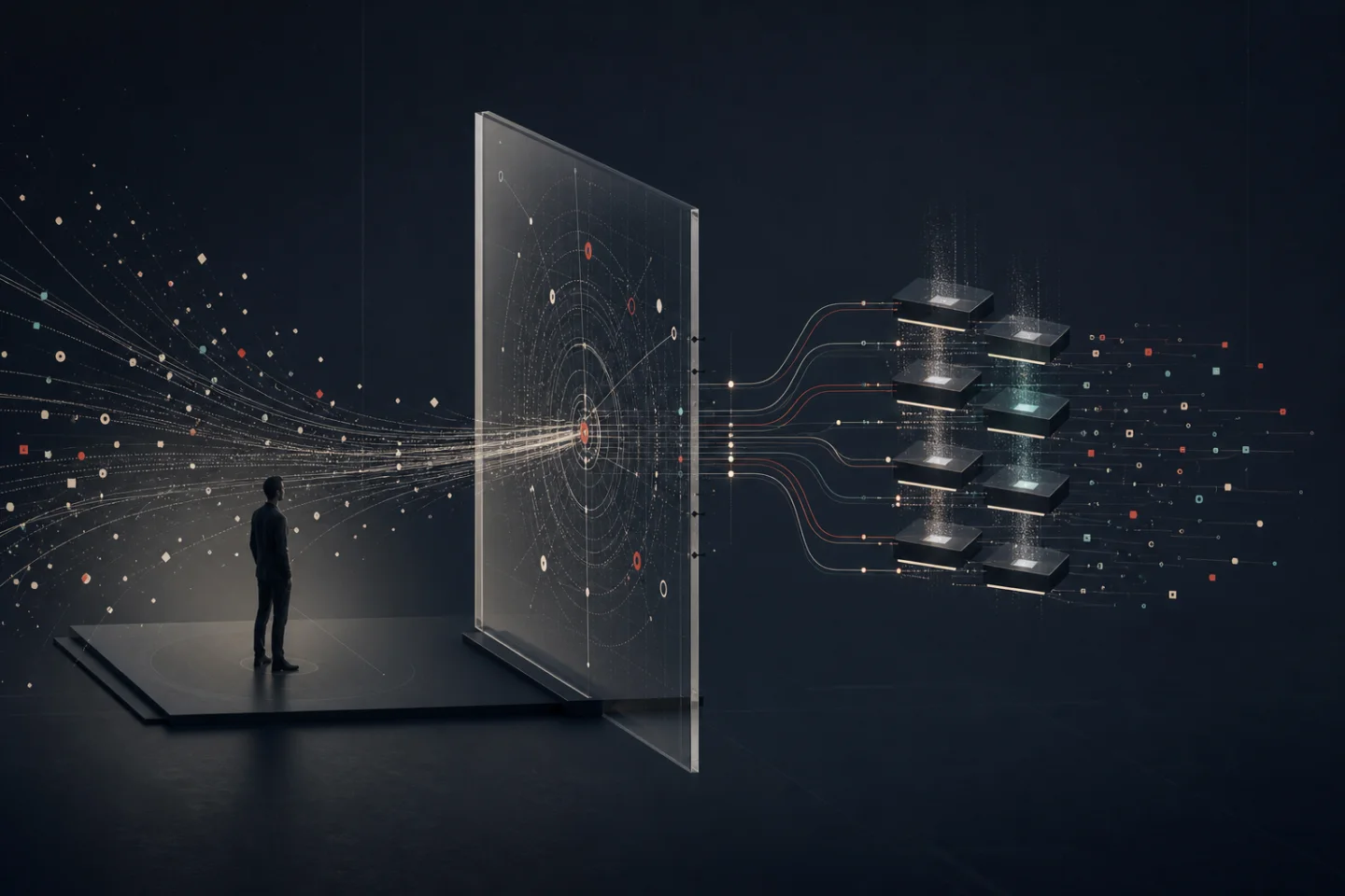 人の判断を起点に、AIの実行基盤へ複数の処理が展開される構造