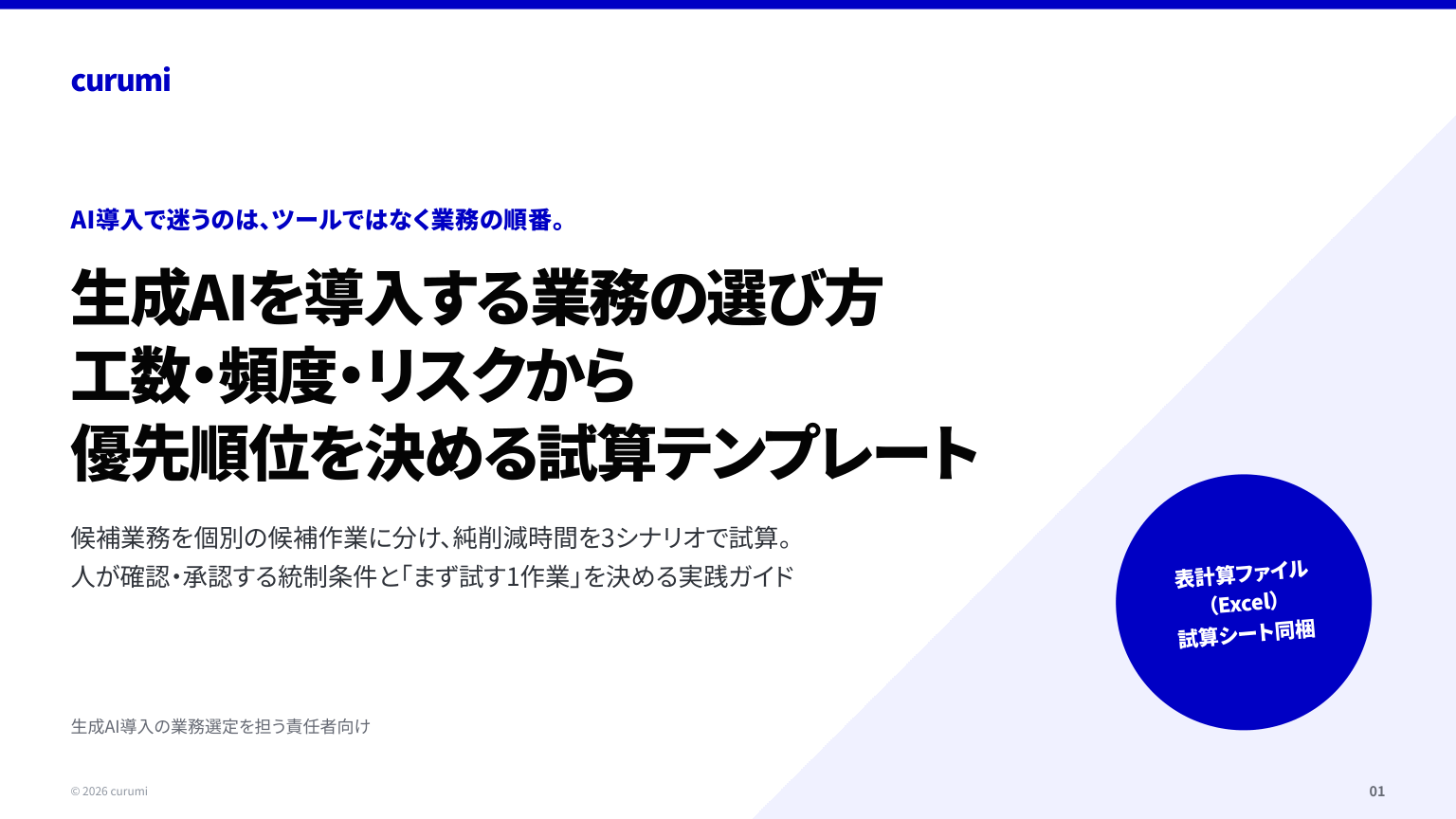 生成AIを導入する業務の選び方|工数・頻度・リスクから優先順位を決める試算テンプレートの表紙