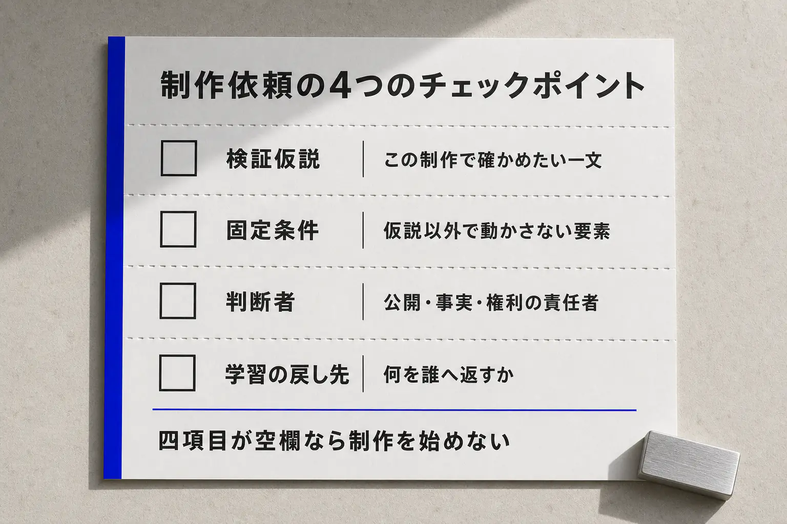 制作依頼の四項目を未チェックの切り離し票として示す図版