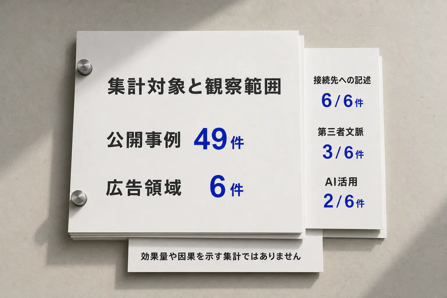公開事例49件から広告領域6件を抽出した観察数と因果を示さない限界を研究資料束として示す図版