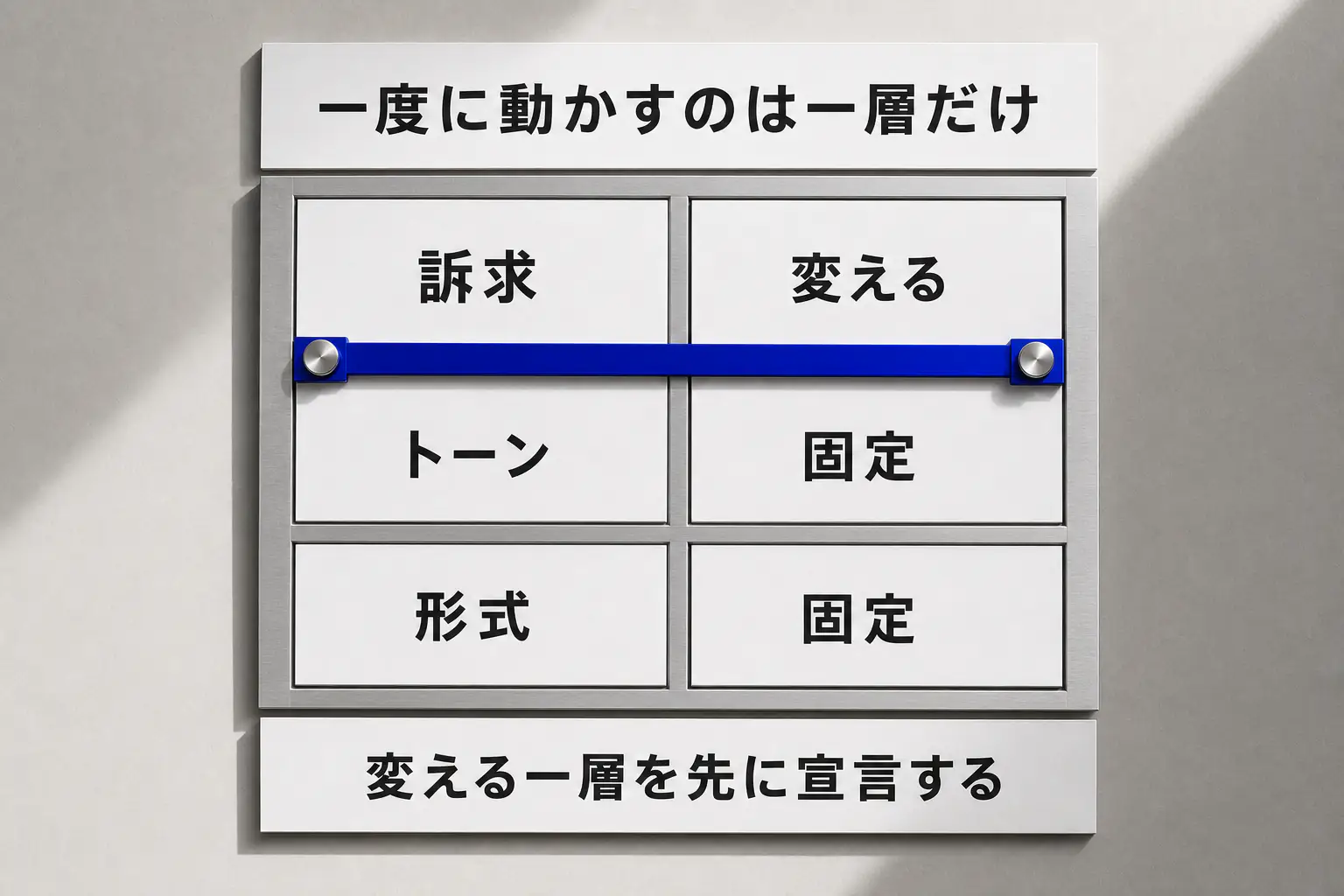 訴求だけを変えトーンと形式を固定する比較条件を機械式セレクター付きの表として示す図版